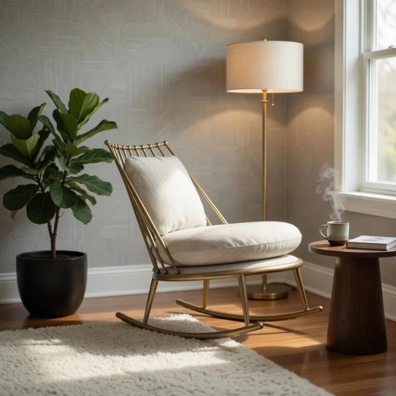 Cozy living room corner with a beige upholstered rocking chair, brass frame, next to a wooden side table with a steaming mug and books, near a window and floor lamp, plant nearby.