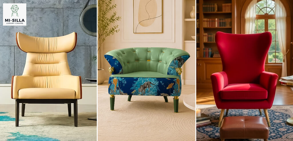 Cream leather lounge chair with a tall winged headrest and dark wooden legs, in a modern room with the Mi-Silla logo in the corner; neutral palette and clean lines.