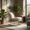 Beige cushioned rocking chair on a light rug in a sunlit living room with potted plants and a side table.