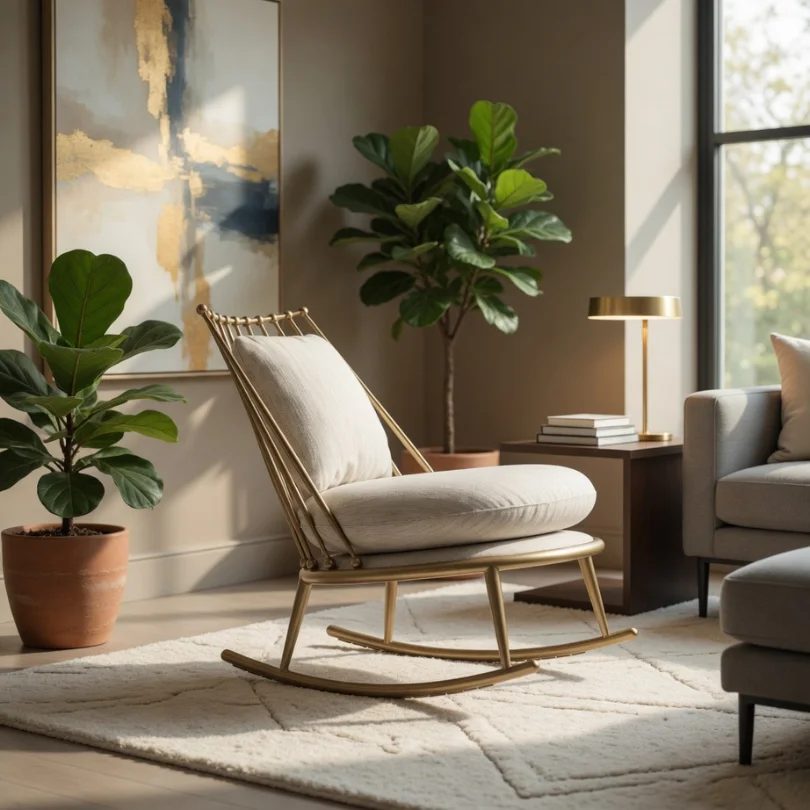 Beige cushioned rocking chair on a light rug in a sunlit living room with potted plants and a side table.