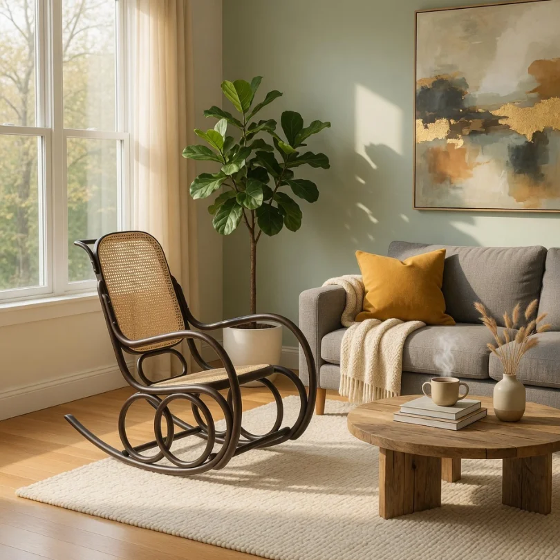 Cozy living room with a wooden rocking chair, gray sofa, mustard pillow, cream throw, and a round coffee table.