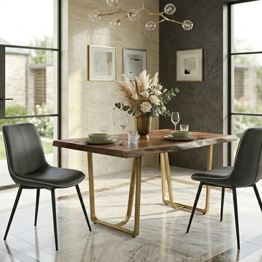 Modern dining room featuring a live-edge wooden table with gold metal legs, flanked by two black upholstered chairs and a floral centerpiece.
