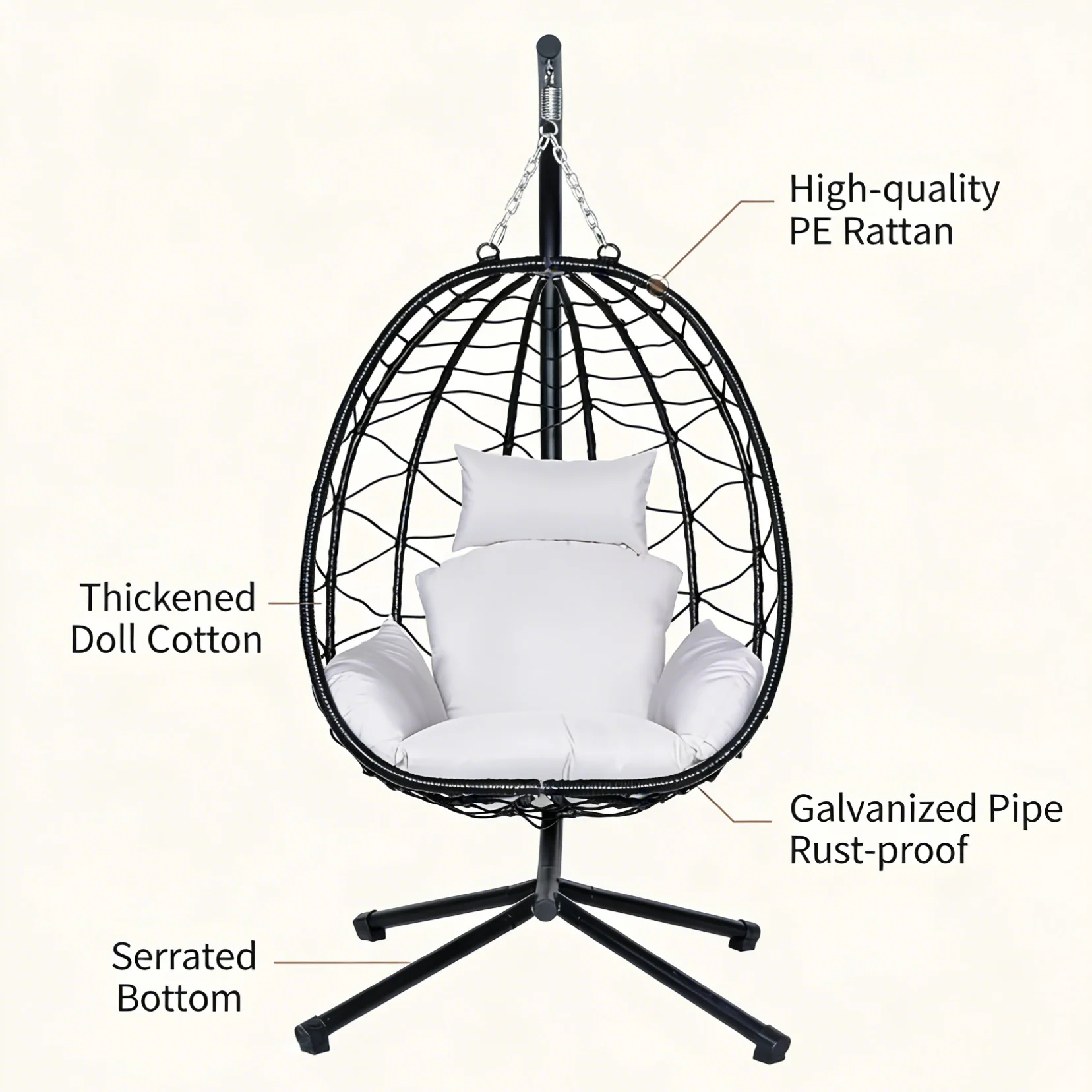 Egg-shaped outdoor hanging chair with white cushions on a metal stand, ready for use. (informational product image)