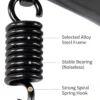 Close-up of a black coil spring with annotation markers pointing to 'Selected Alloy Steel Frame', 'Stable Bearing (Noiseless)', and 'Strong Spiral Spring Hook'.