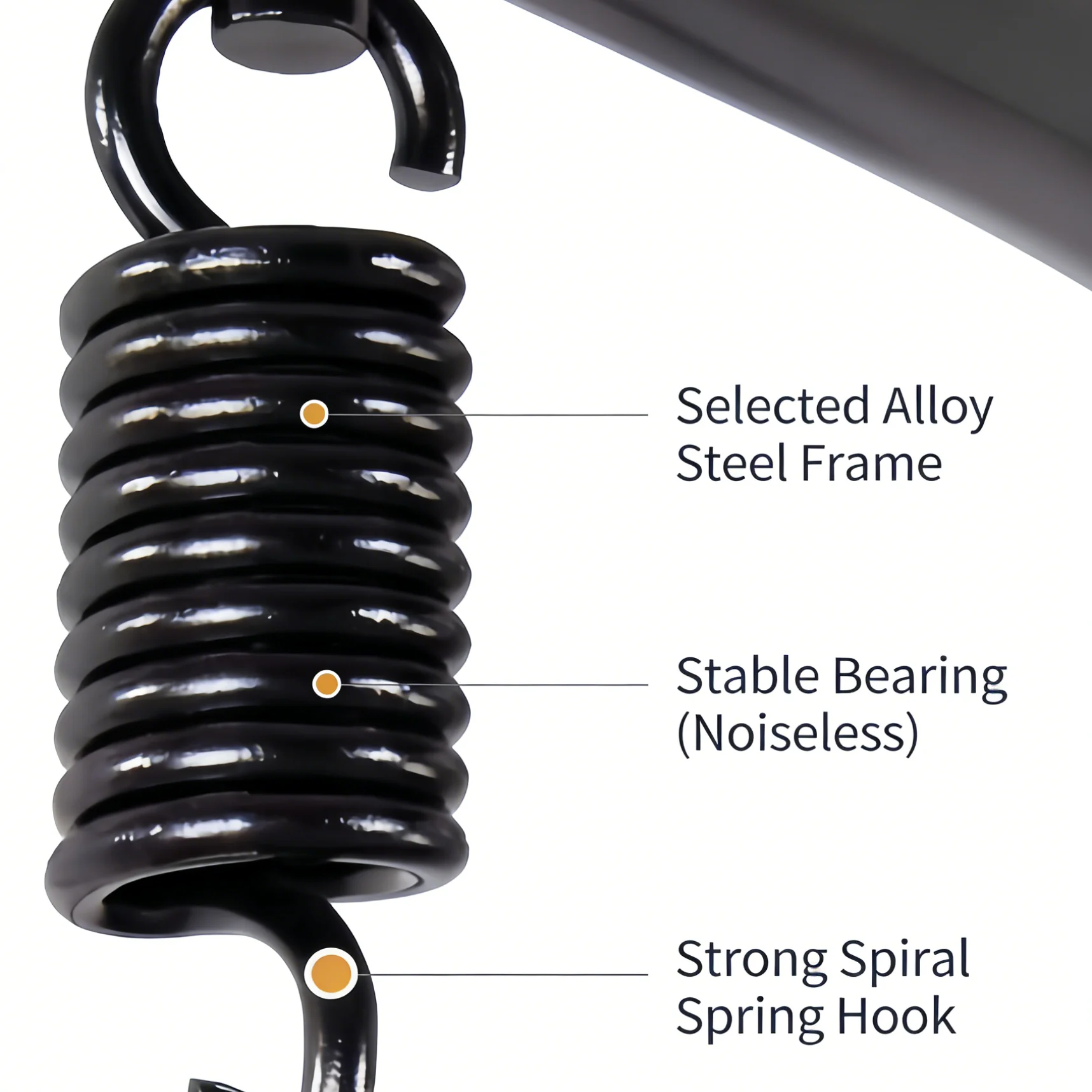 Close-up of a black coil spring with annotation markers pointing to 'Selected Alloy Steel Frame', 'Stable Bearing (Noiseless)', and 'Strong Spiral Spring Hook'.