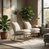 Sunlit living room with two cream cushions on wooden rocking chairs, a plush rug, and potted plants nearby.
