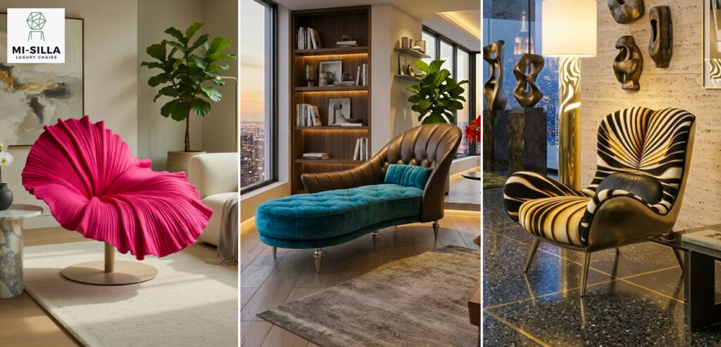 Luxury hollywood furniture in bold sculptural styles for a modern high-end living room interior.