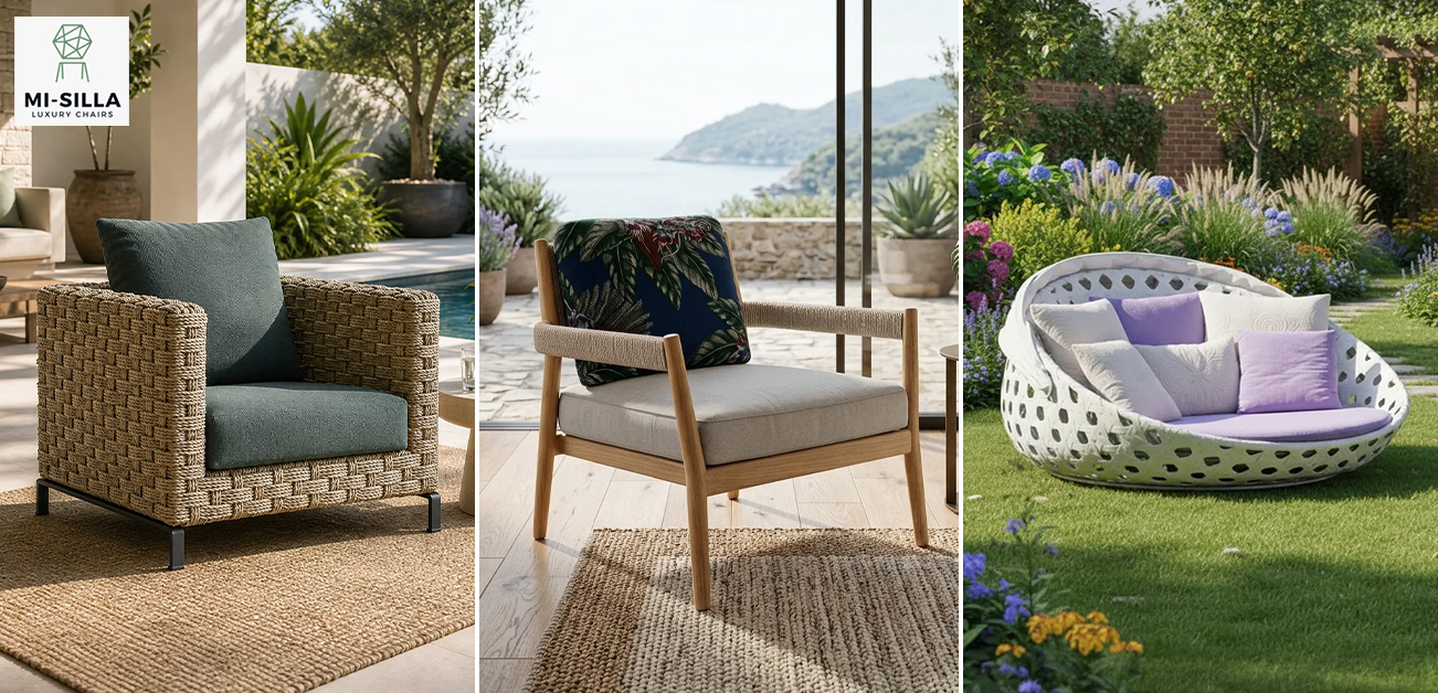 three different types of modern outdoor chairs
